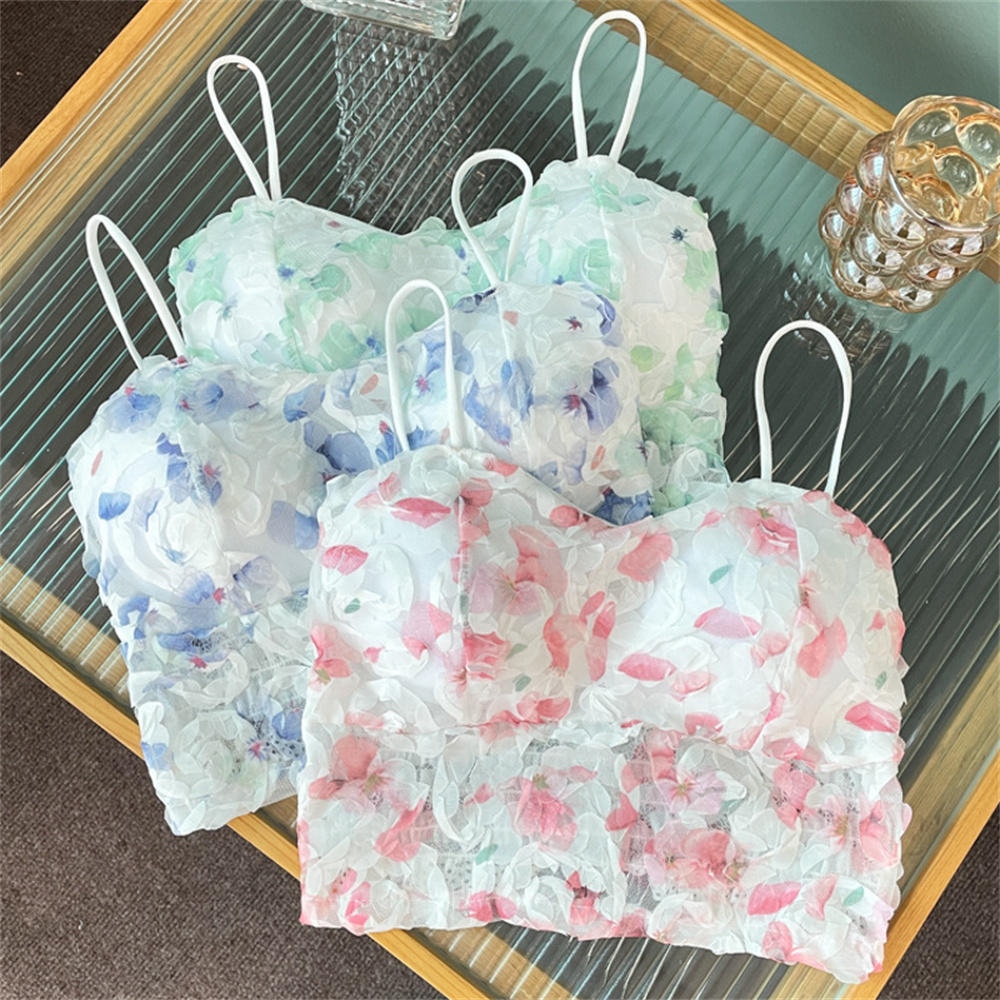 Floral Corset Vest Elastic Sweet Lace Crop Top Mesh Tube Top for Casual Evening Out Summer Wear Apparel Young Adults. 