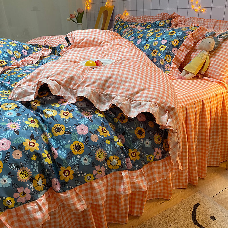 Korean Bed Four-Piece Set Spring and Summer Bedding Princess Style Floral Duvet Cover Bed Sheet Student Dormitory Bed Skirt Three-Piece Set