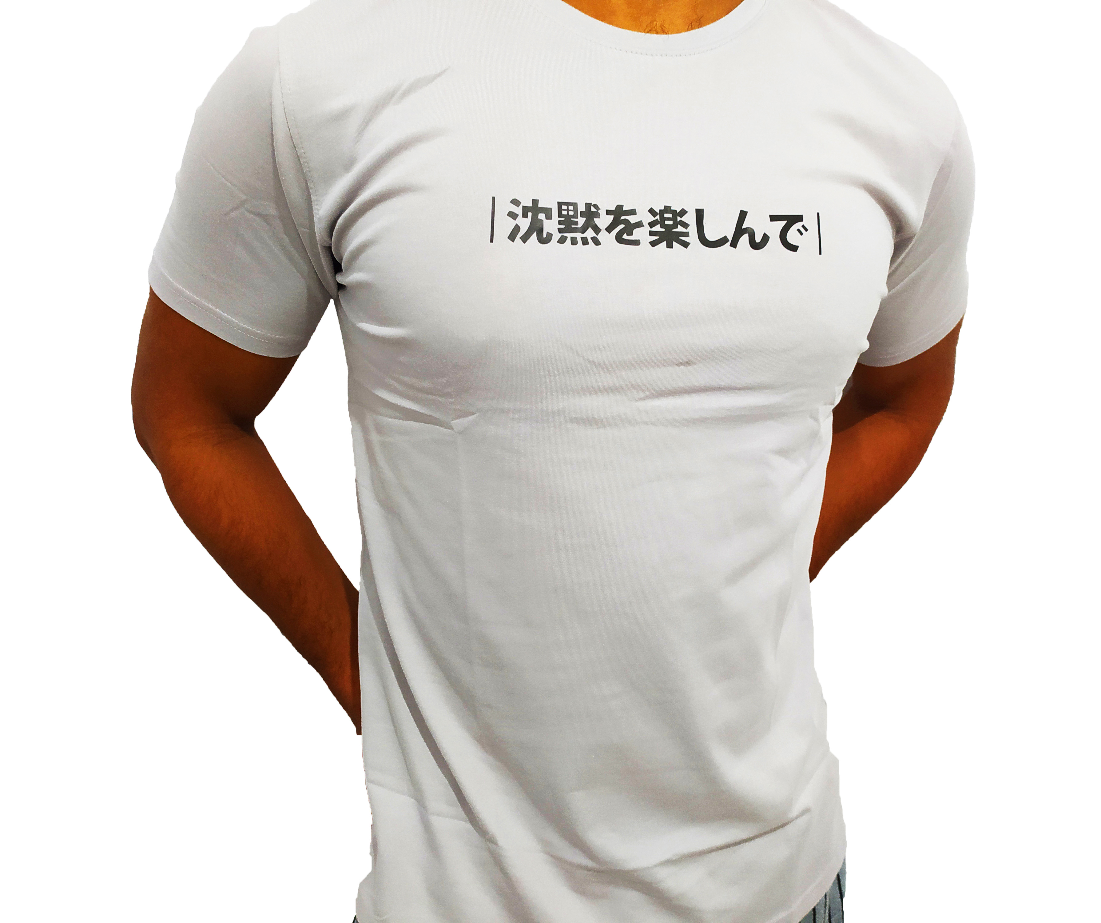 Japanese Letters Single Jersey Cotton Grey Solid Color Short Sleeve Men’s Crew Neck Collarless Stretch Comfort T Shirts