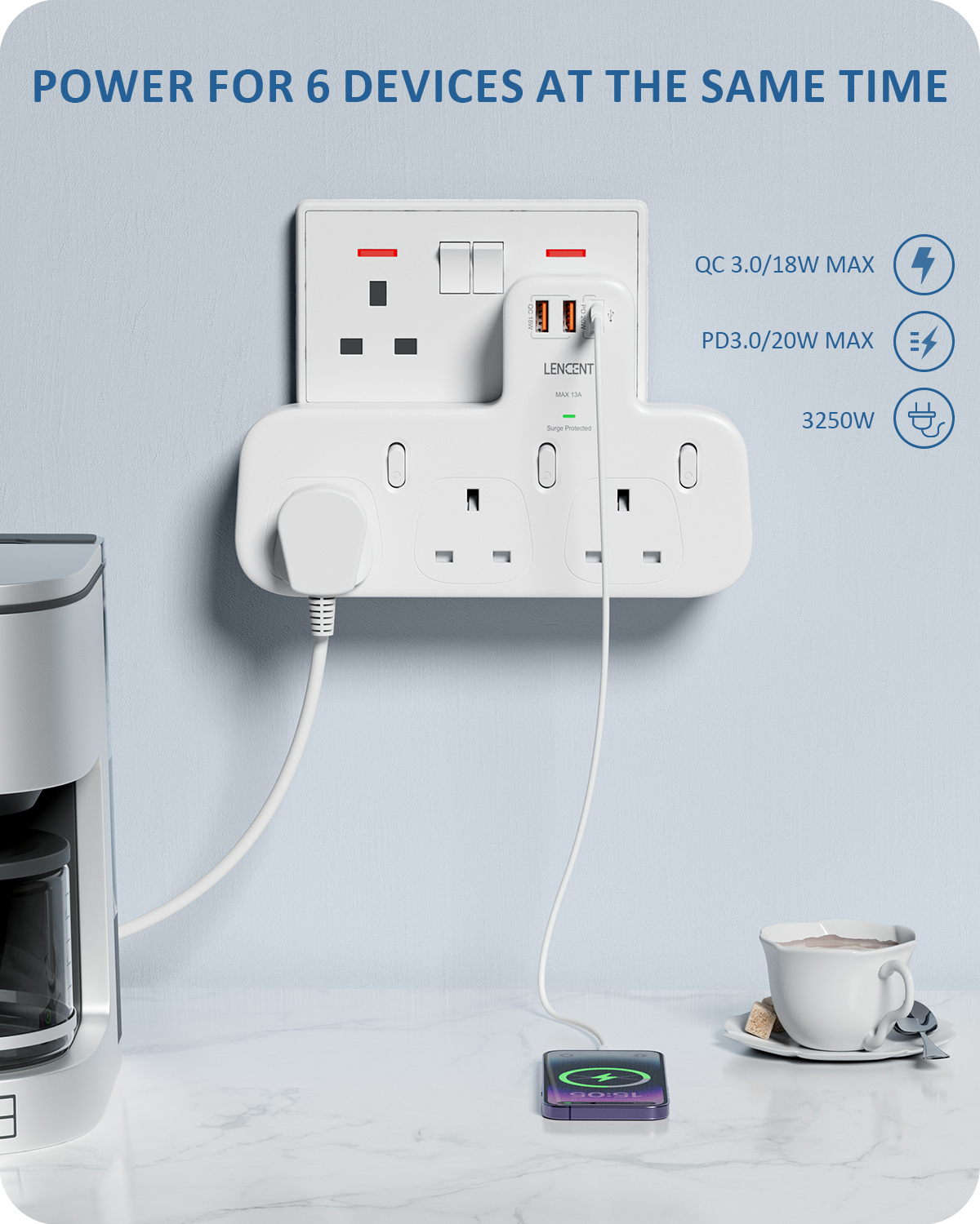 LENCENT Surge Protected 3 Way Plug Extension with PD 20W USB-C & 2 USB-A QC 3.0, Multi Plug Adaptor UK with Individual Switches, Plug Extender Wall Socket for Surge Protection 13A 3250W Surge Protector. 