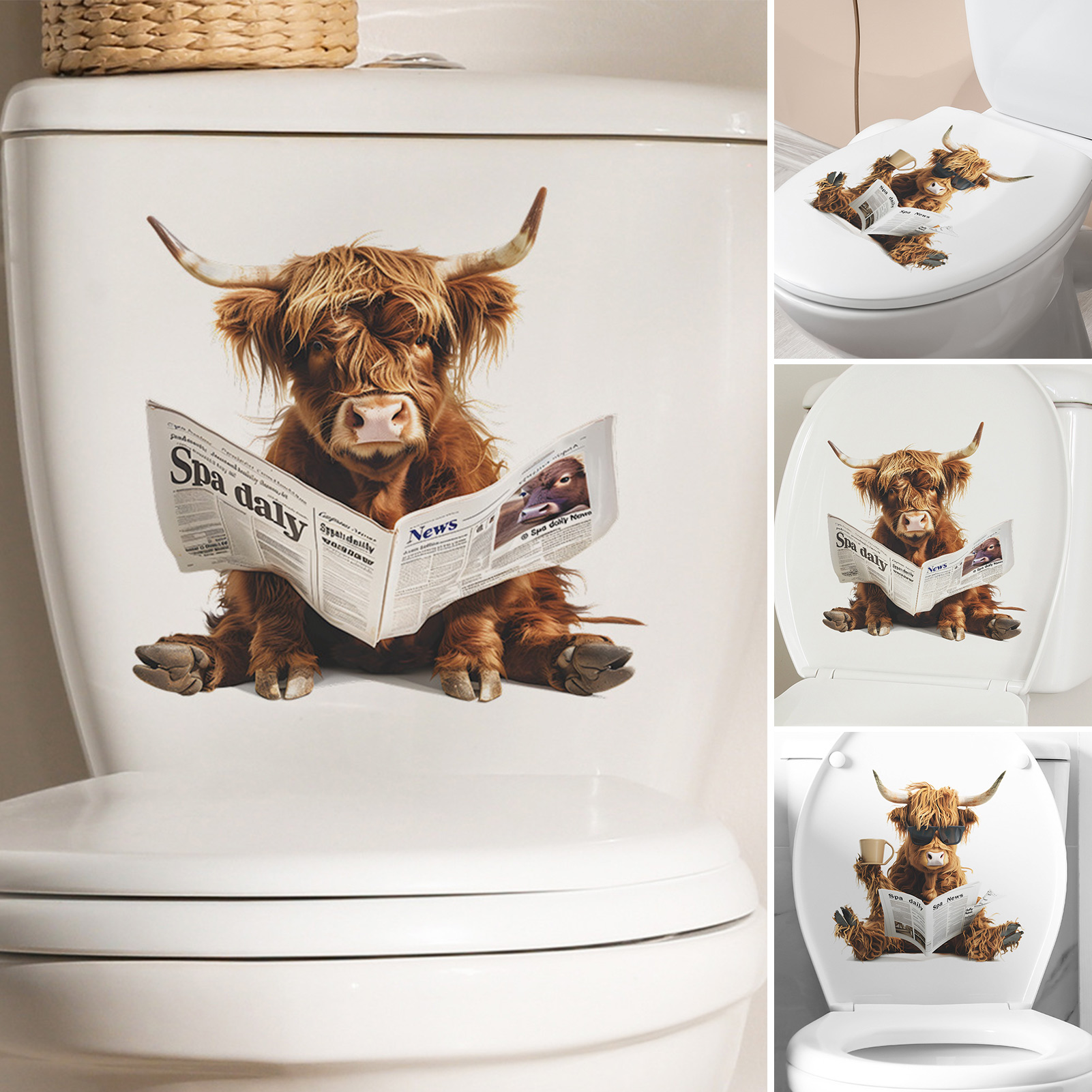 Reading Newspapers Yak Toilet Sticker Removable Self-adhesive Waterproof PVC Living Room Bathroom Wall Art Cow Toilet Lid Decoration Decal. 