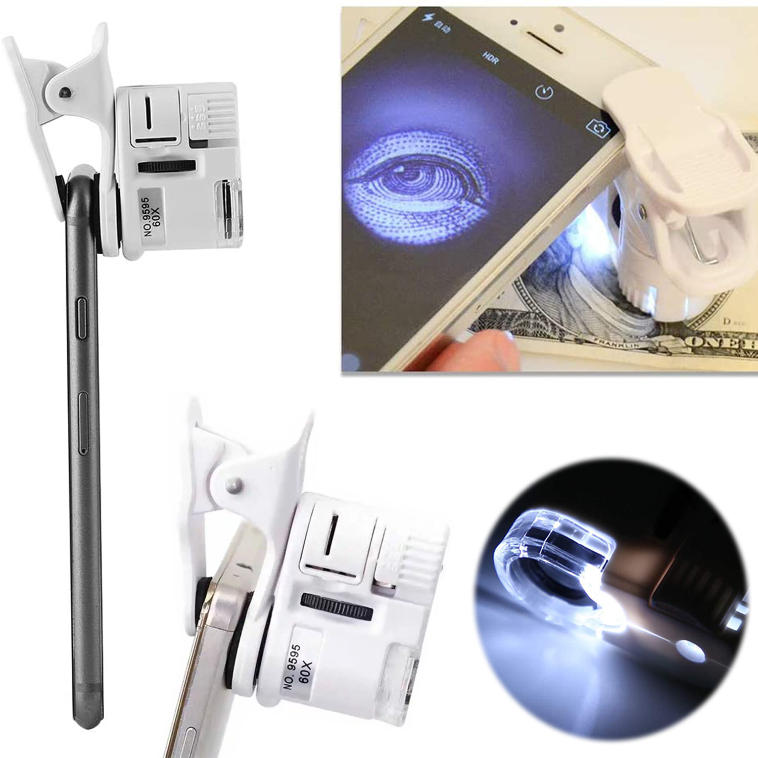 Universal Mobile Magnifying Glass Macro Lens Zoom Camera Clip 60X Digital Microscope Camera for Cell Phone with LED Light Phone