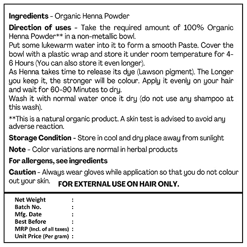 Just Jaivik Organic USDA Certified Henna Powder For Hair Certified by OneCert Asia for USDA Organic Standard 227 Gms / 0.5 LB/ 8 Oz , Natural , No chemical or additive(FROM INDIA)JEZ. 