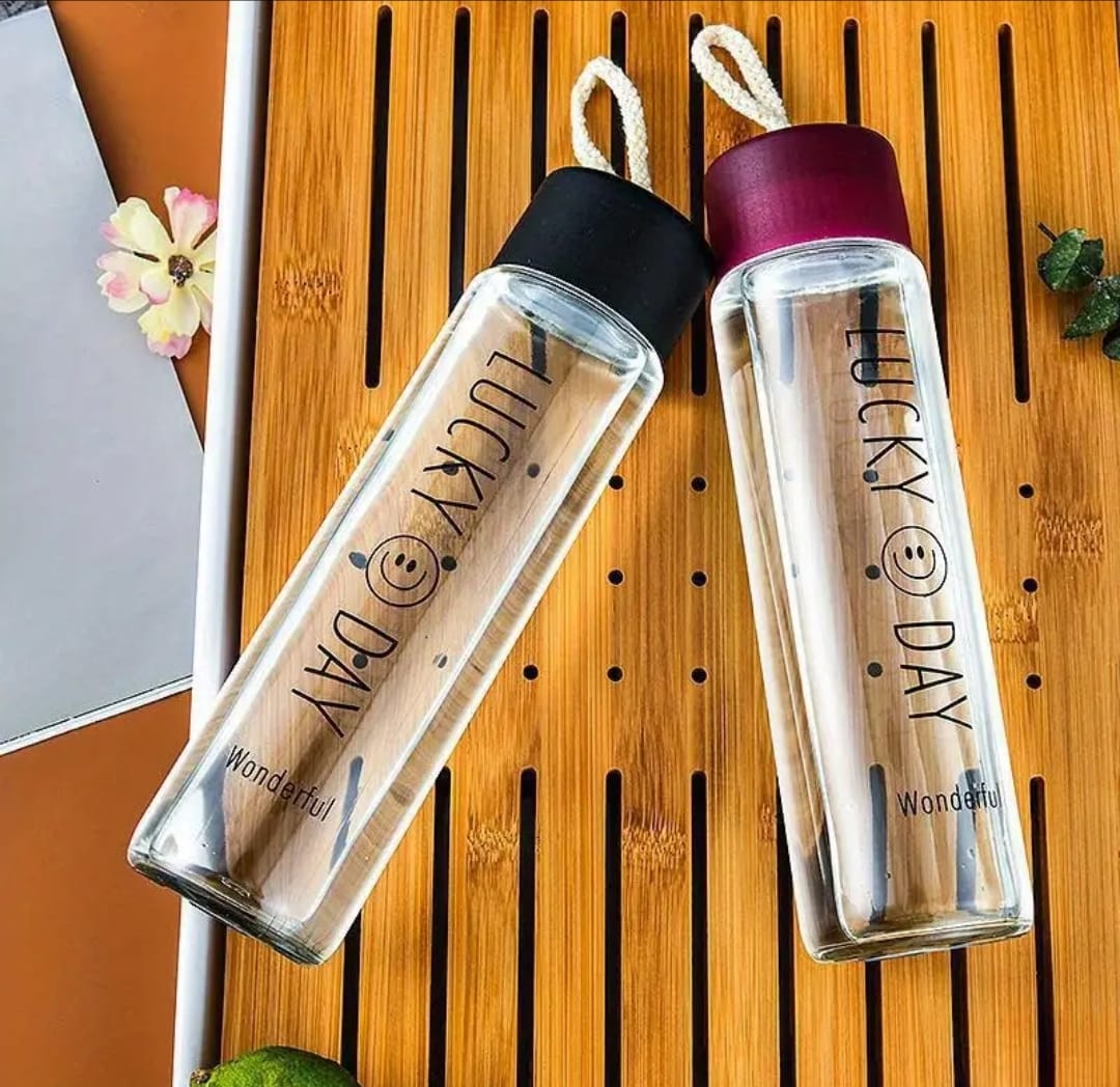 Customization 350ml Frosted transparent and smoke Glass Water Drinking Bottle smile Glass Water Bottle. 