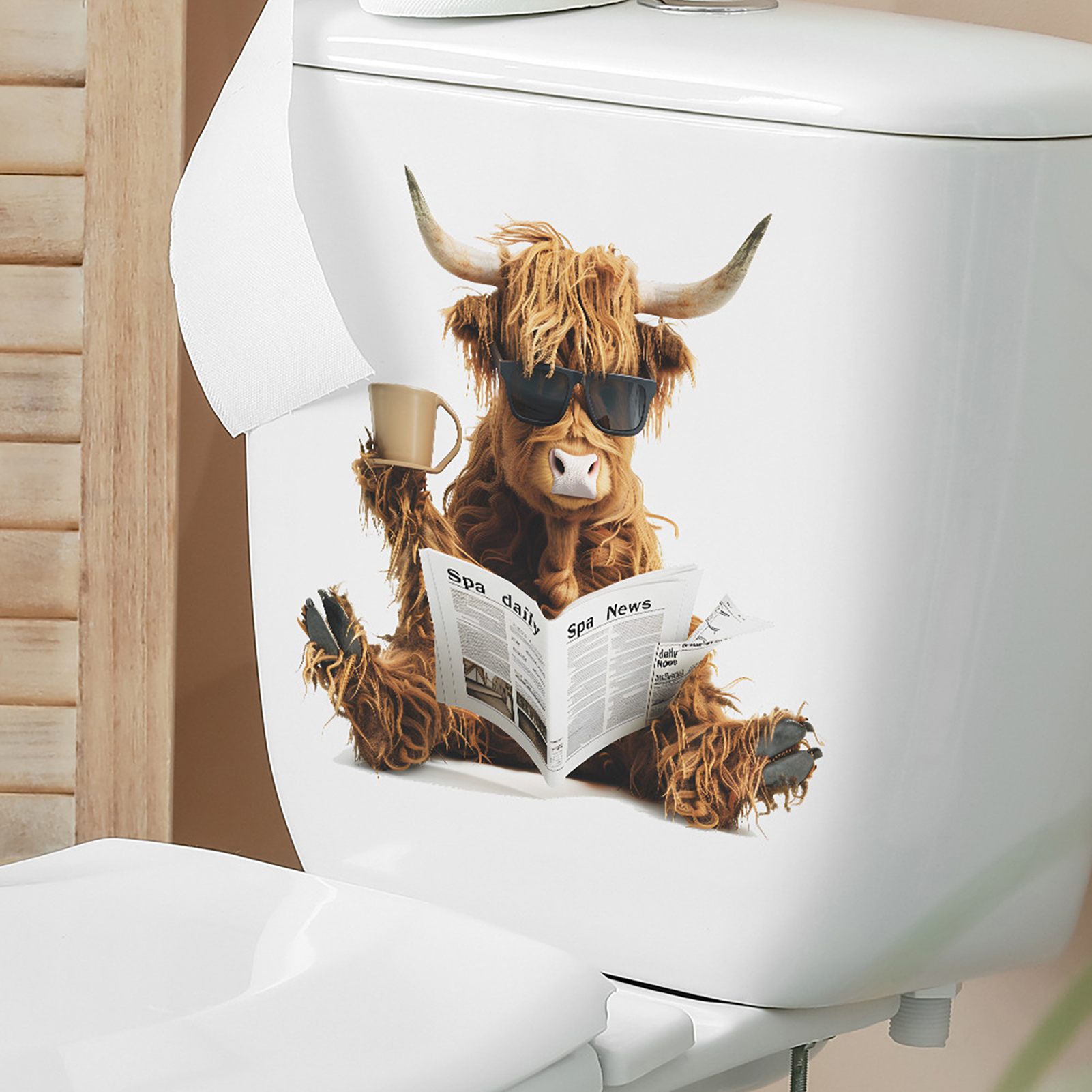 Reading Newspapers Yak Toilet Sticker Removable Self-adhesive Waterproof PVC Living Room Bathroom Wall Art Cow Toilet Lid Decoration Decal. 