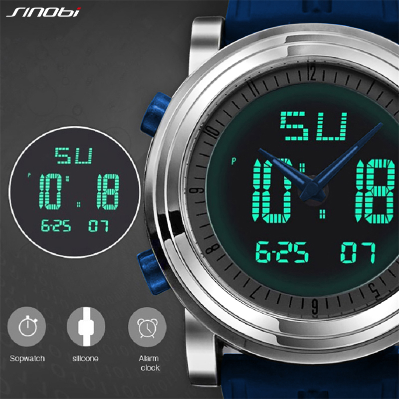 New SINOBI brand Sports Chronograph Men's Wrist Watches Digital Quartz double Movement Waterproof Diving Watchband Males Clock. 