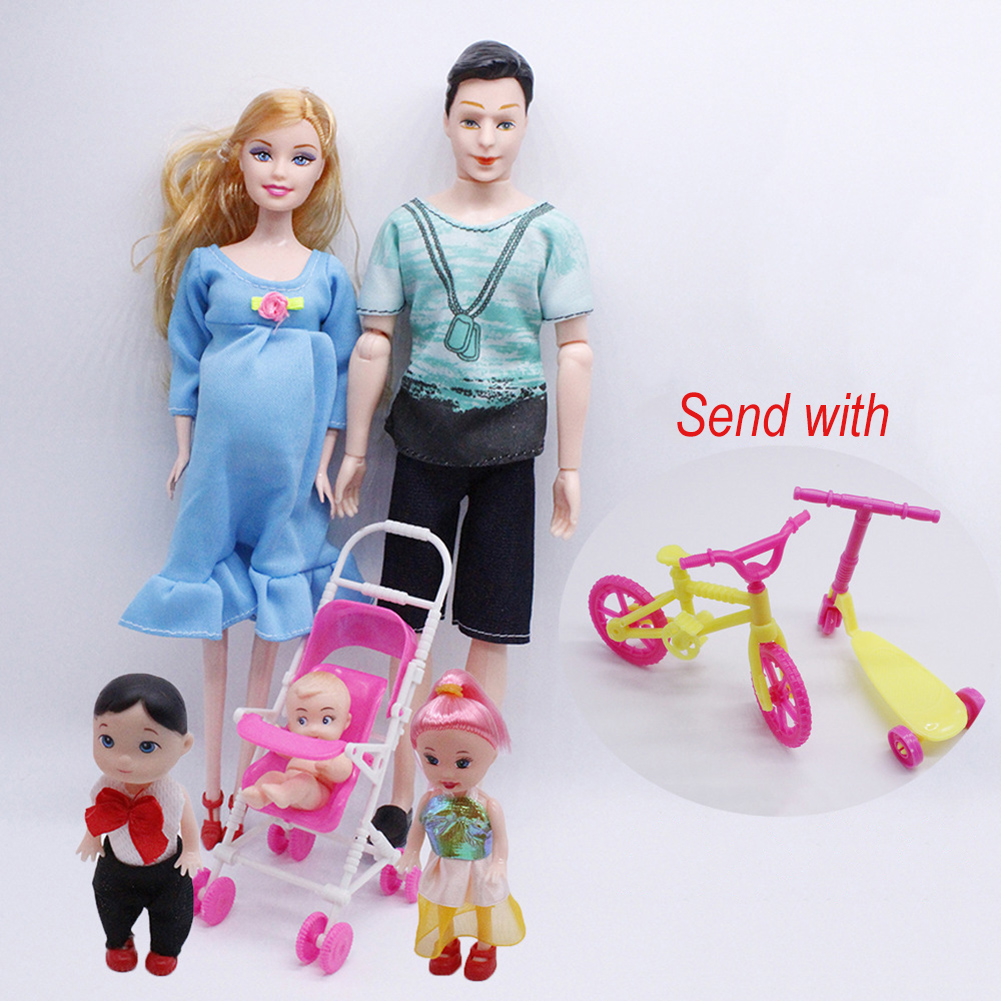 SF 5pcs Happy Family Kit Toy Dolls Pregnant Babyborn Ken&Wife with Mini Stroller Carriages For Baby Dolls Child Toys For Girls Gift