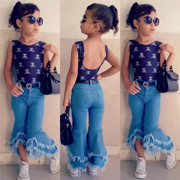 Baby Girls Long Flare Jeans Denim Trousers Full Length Child Girl Suit 2-7Y