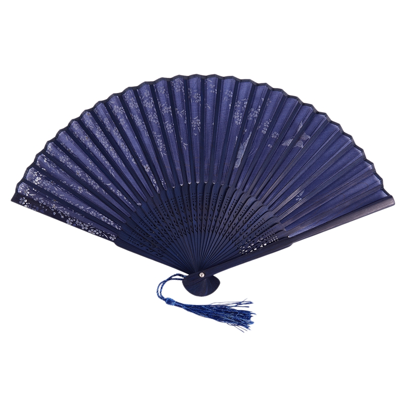 Folding bamboo lace hand fan, dark blue erfly and white flower. 