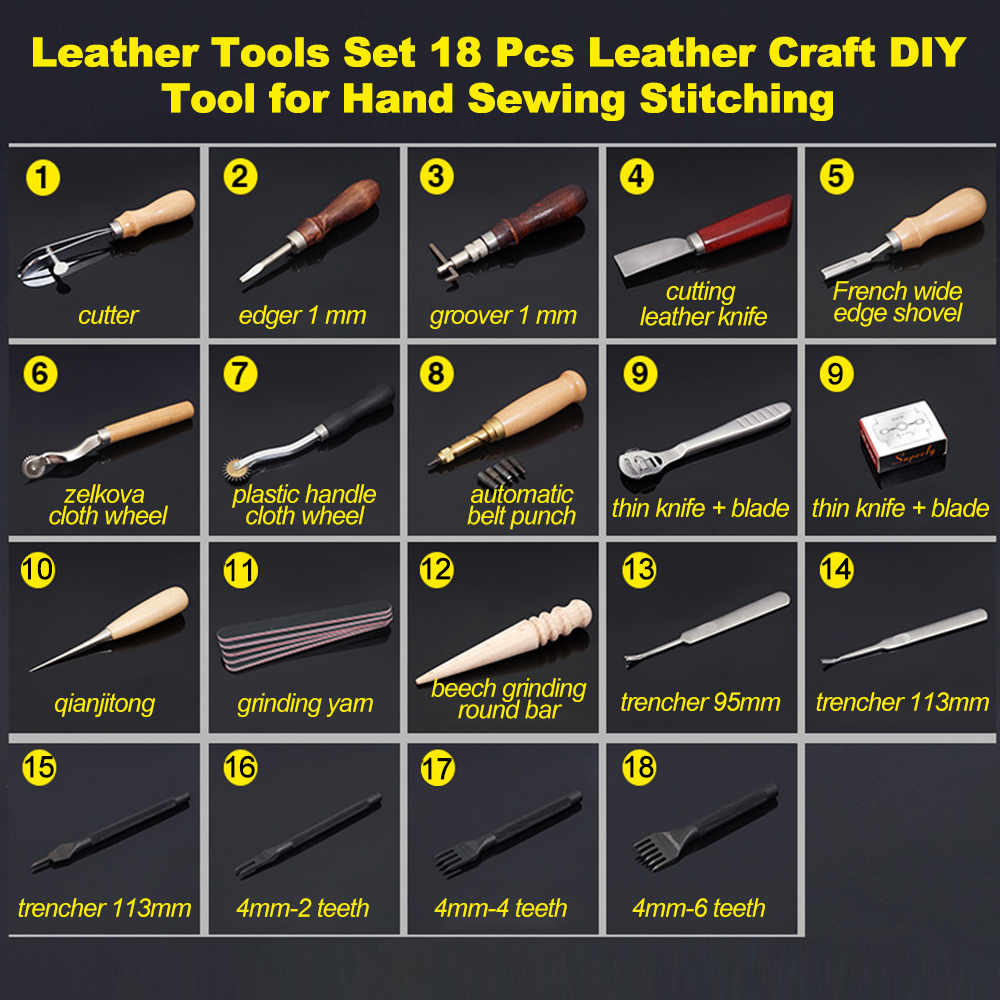 Migeet Sewing Craft & Leather Tools Set 18 Pcs Leather Craft DIY Tool for Hand Sewing Stitching,Stamping Set and Saddle Making,Stitching Carving Working. 