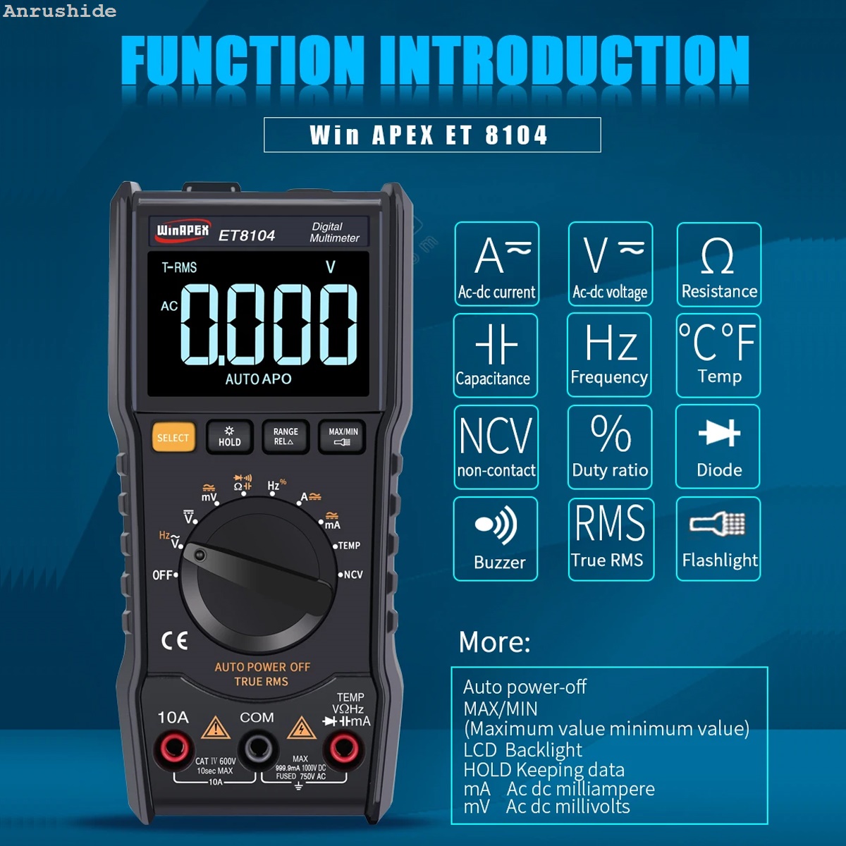 Anrushide WINAPEX ET8104 Digital Handheld Multimeter AutoRange