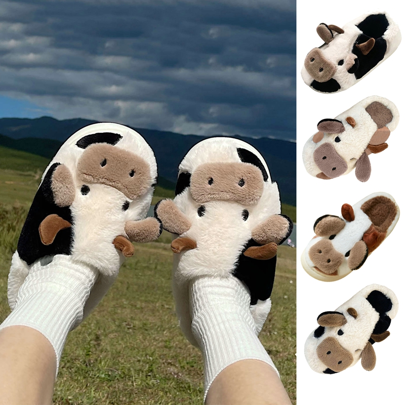 【ZIME】Cyprus Winter Cartoon Couple Slippers Home Fur Slippers Women Warm Cotton Slippers Cute Cow Indoor Thickening. 