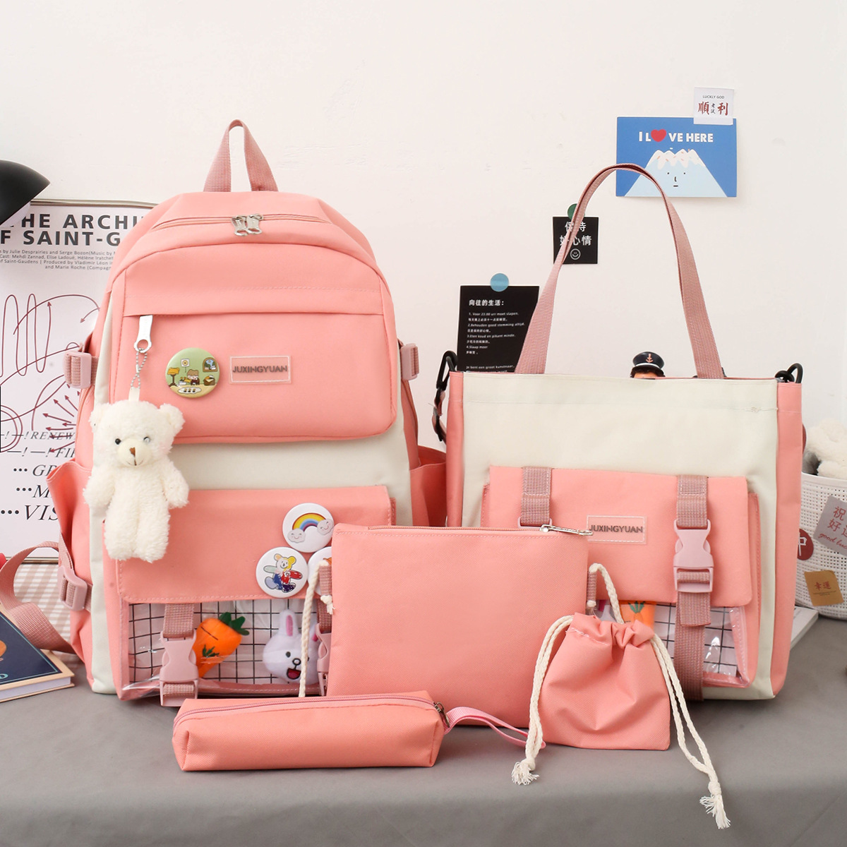 KankongAgu New Large-Capacity Primary School Junior High School Students Shoulders Backpack High School Five Sets of Multi-Compartment Fash