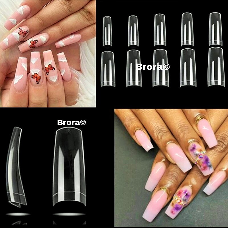 100 Half Cover Nails Long Acrylic Nail Tips Artificial False Nails Clear ,Natural & White - Free Nail Glue