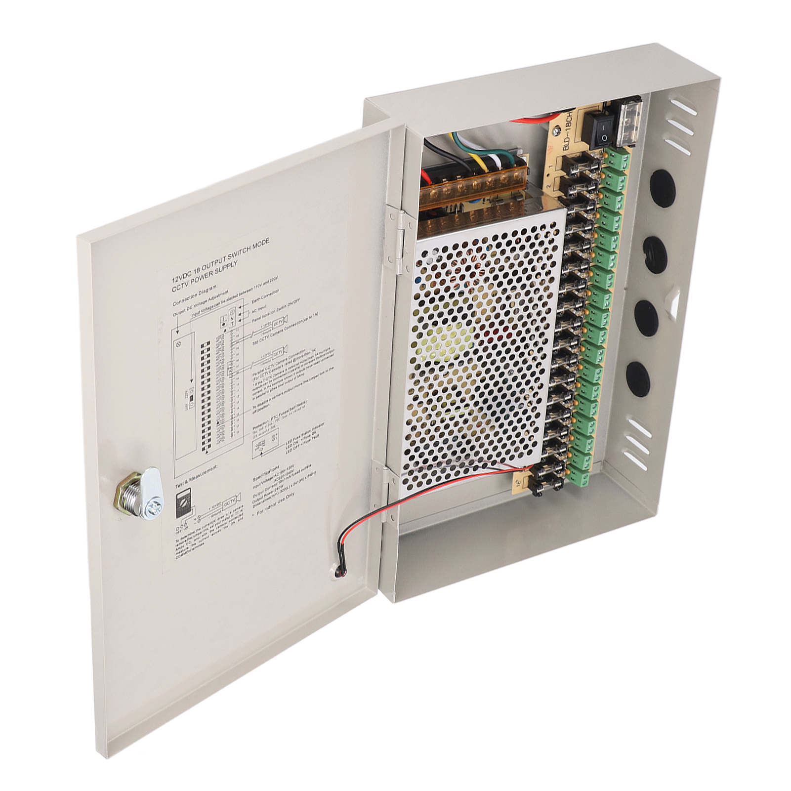 CCTV Power Supply 110V 12V10A Electric Shock Proof Power Supply Box Anti Theft Lock 18 Channel Rain Proof for Market. 