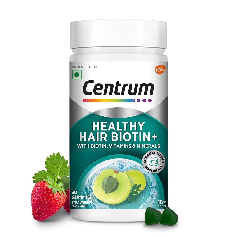 Centrum Healthy Hair Biotin+ | 30 Gummies for Men & Women | 100% RDA of Biotin, Amla, Vitamins & Minerals | World's #1 Multivitamin Brand | 100% Veg JEZ