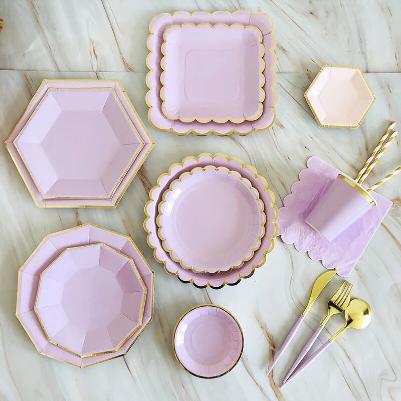 paper plates Gold Disposable Tableware Sets Purple Party Paper Cup Plates baby Shower Birthday Party Supplies Carnival Wedding decor FavorsParty Tableware. 