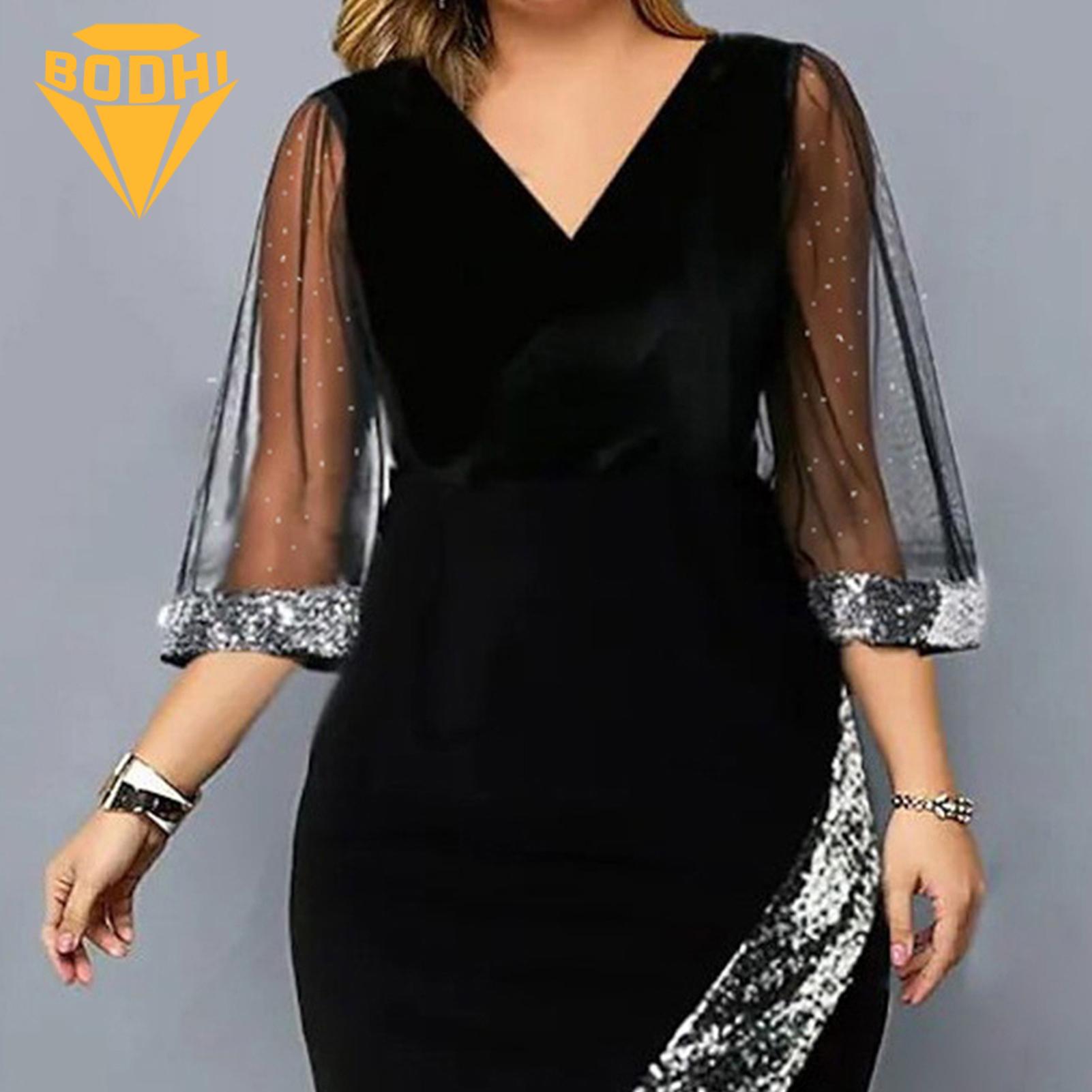 Knee Length Dress Sparkling Sequin Mesh Dress V Neck Slim Fit Knee Length Party Prom Midi Dress for Women. 