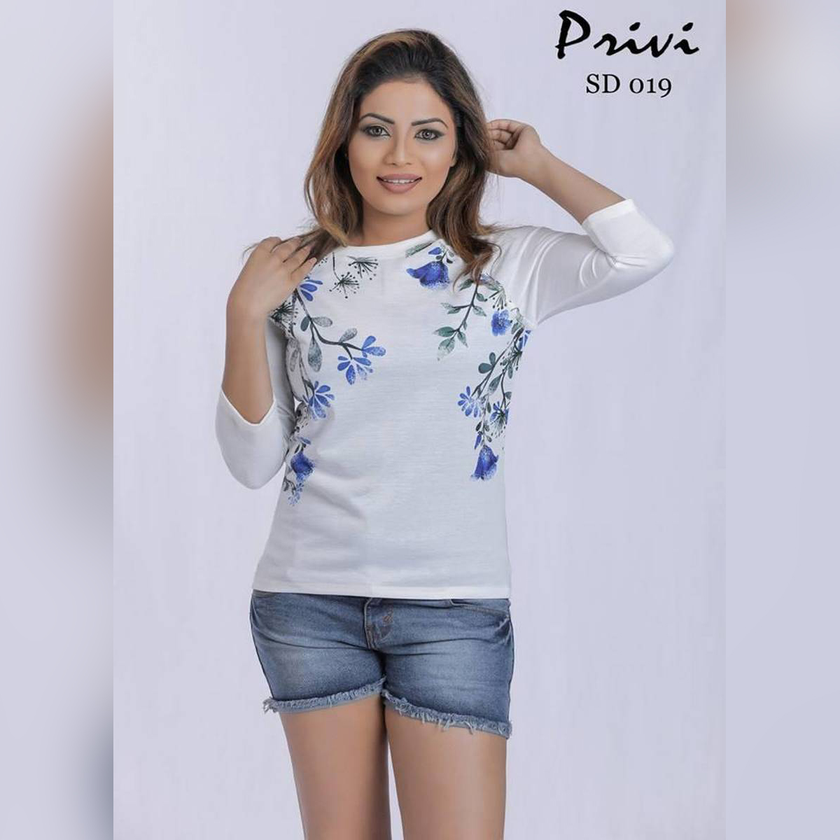 Privi Fashion Long Sleeve White Top With Floral Print for Women. 