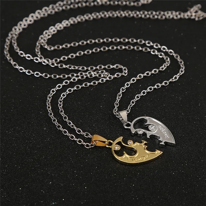 【happy one】Couple Necklace for Women and Two Pieces Heart Shape Paired Necklace Crystal Pendant Necklace Jewelry Gifts
