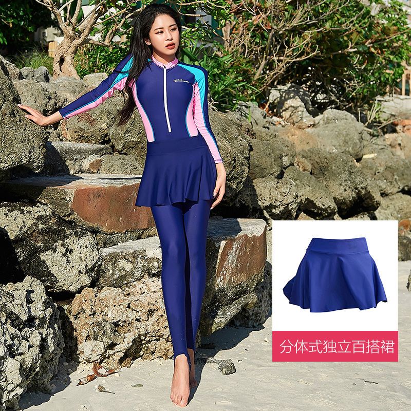 Sun Protection for Whole Body One-Piece Swimsuit Women's Long-Sleeved Trousers Covering Belly Thin Conservative Sports Professional Training Diving Suit