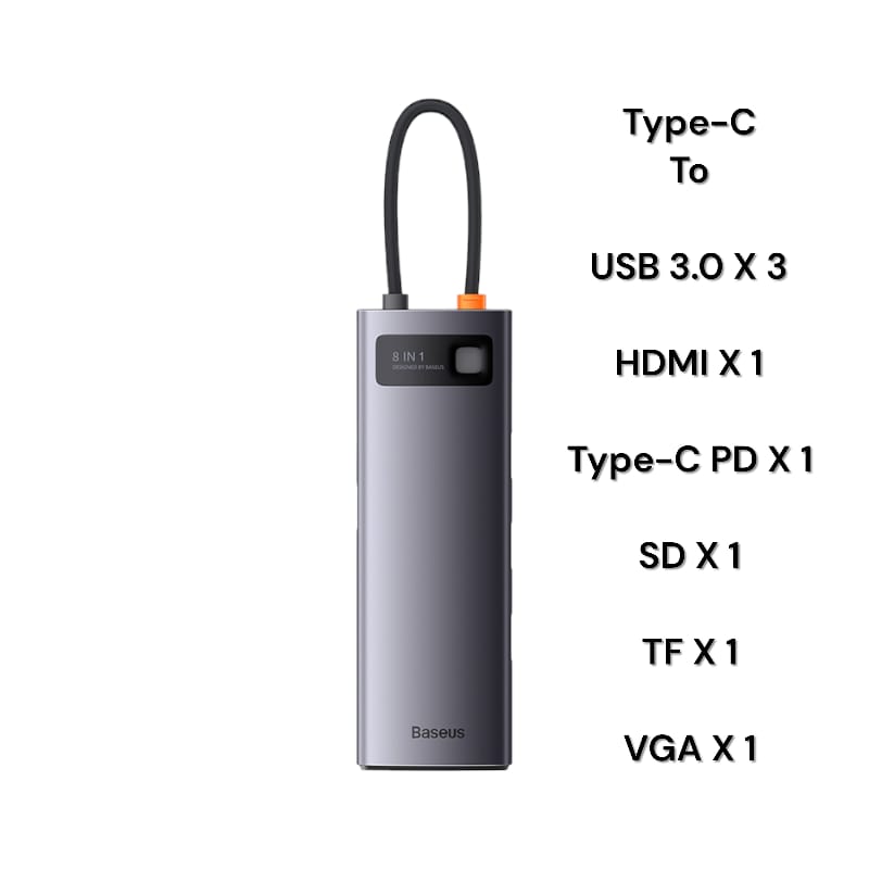 Baseus 8-in-1 Star Joy Series Multifunctional Type-C HUB Docking Station Gray (Type-C to HDMI*1 / VGA*1 /USB3.0*3 / Type C PD*1 / SD&TF*1) 6 Months Warranty