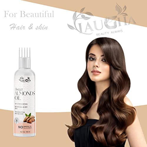 Laugha Sweet Almond Oil - Pure Cold Pressed Badam Oil - with Comb Applicator - For Skin, Hair Care & Baby Massage HFROM INDIA)NUSSerbal & Natural Hair Oil (Pack Of 4 Bottle 400 ml). 