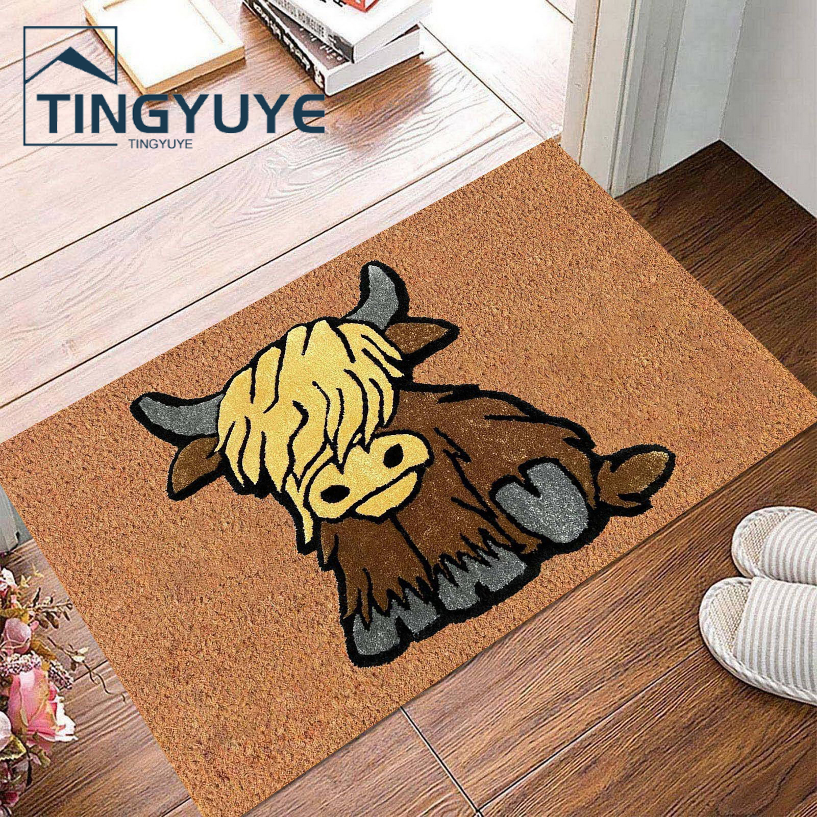 Door Mat Non-Slip Dirt-resistant Decorative Polyester Highland Cow Entrance Door Rug Bedroom Supply. 