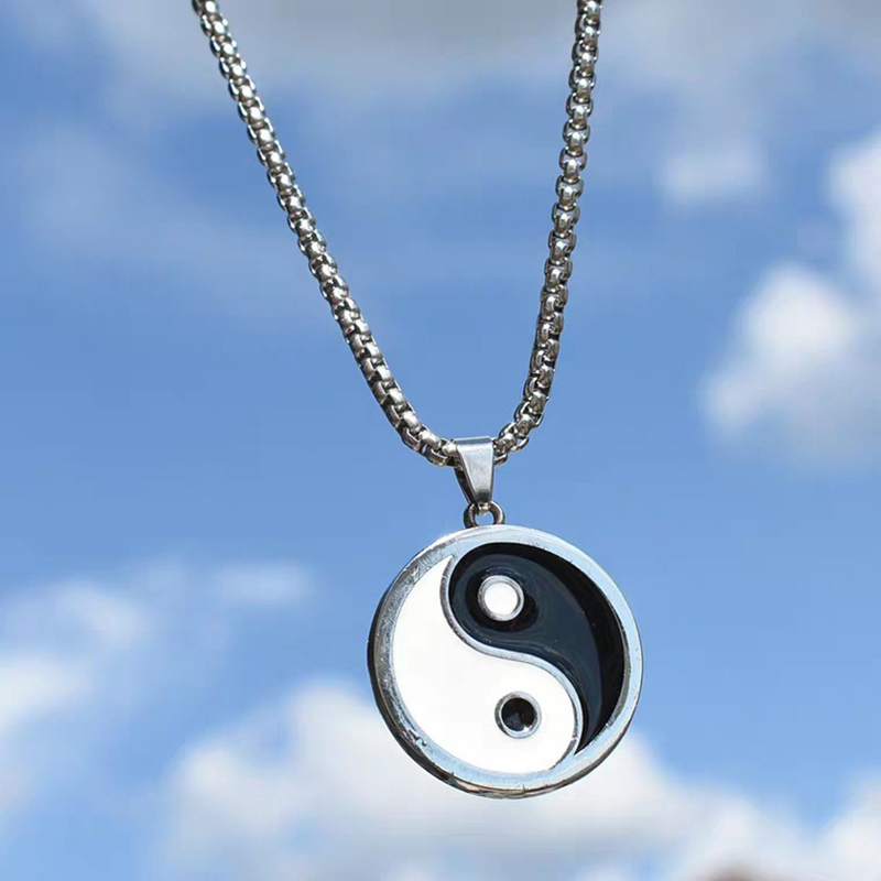 Vintage Men's Stainless Steel Necklace- Chinese Style Yin Yang Tai Chi Pendant Necklace -Male Punk Jewelry Accessories. 