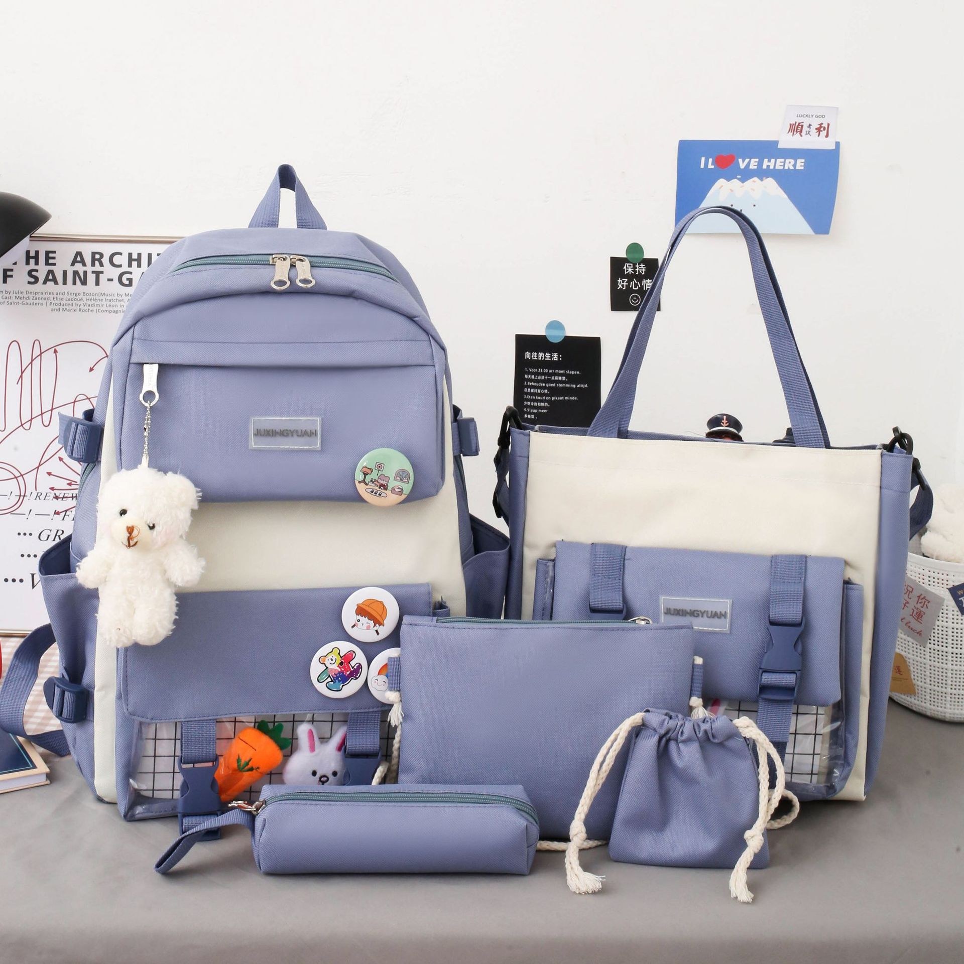 KankongAgu New Large-Capacity Primary School Junior High School Students Shoulders Backpack High School Five Sets of Multi-Compartment Fash. 