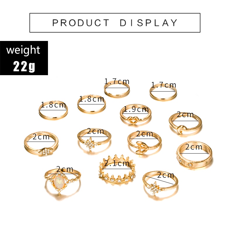 Trendy Gold Color Crystal Moon Star Crown Shape Ring Set for Women Girl Metal Geometric Rhinestone Midi Ring 3377. 