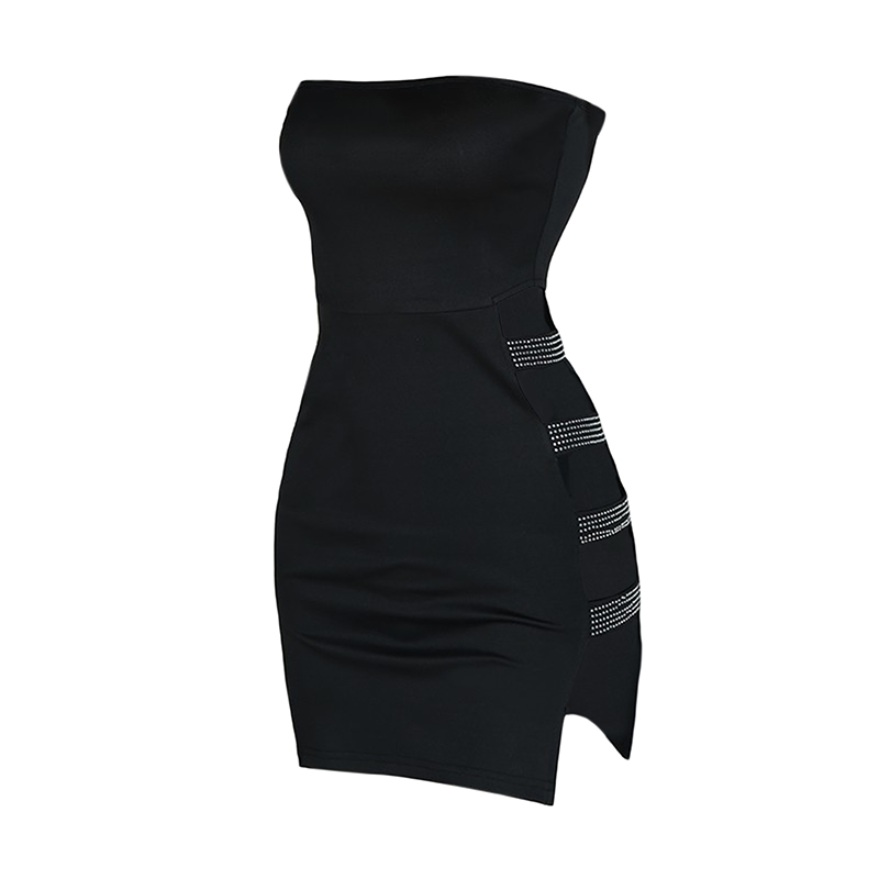 Womenoomph Tube Tops Pencil Dress Fashion Solid Color Rhinestone Hollow Skinny Short Dress. 