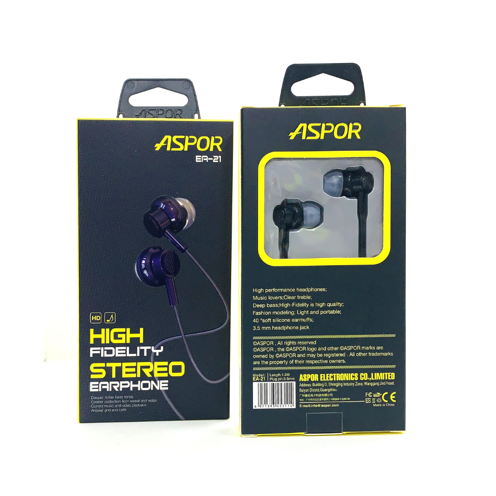 Genuine ASPOR EA 21 Bass Head Stereo In Ear Earphone Hand free for