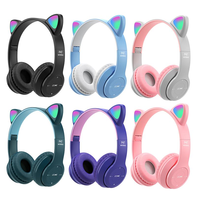 Wireless P47M Headphones Cat Ear LED Light Up Bluetooth-compatible Foldable earphones Over Ear Microphone for Online Distant Learning P47M Cat Ear Bluetooth Headset Wireless Headphone With Mic Noise Cancelling Stereo Music Helmet Phone Headset. 