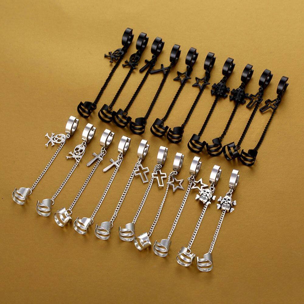 【WEJA】hikaw for women earings for women earrings earrings korean style Women Ear StudsFashion Earrings Hollow Star Men Ear Buckles Chain Stainless Steel Pentagram Cross Earrings Men Earrings Men Ear Clip Korean Style Earrings. 