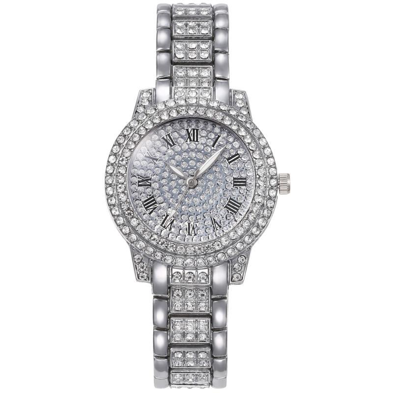 Montre à quartz Full Sky Star pour femme avec bracelet en acier entièrement diamanté et chiffres romains brillants_voghion.com