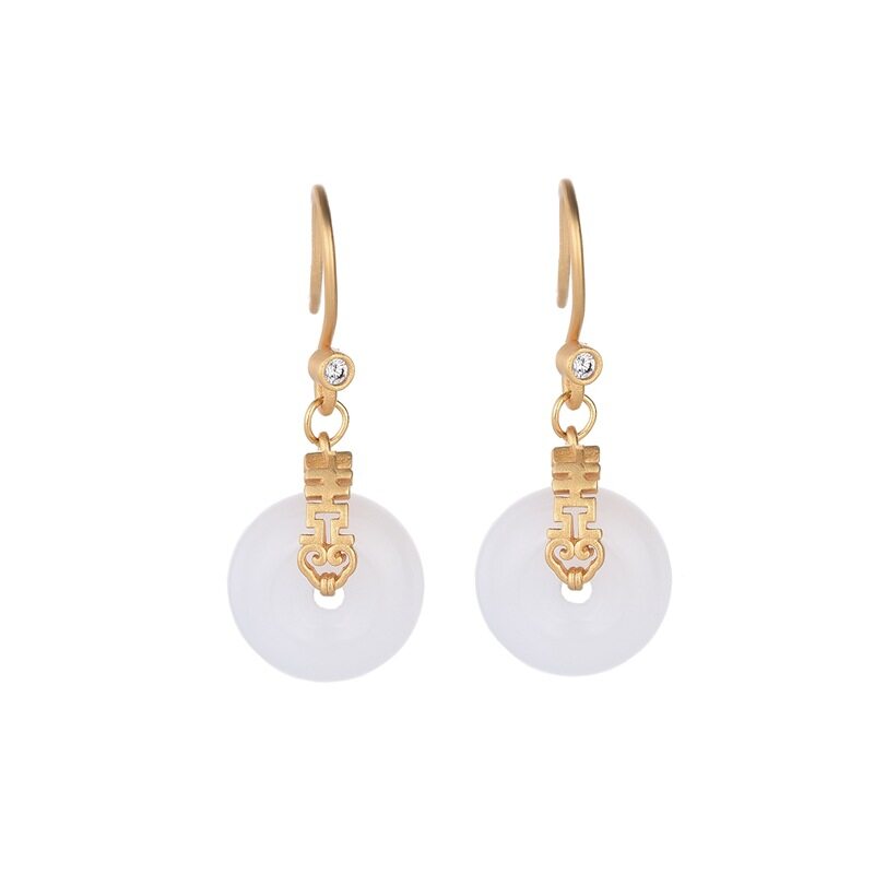 Her Lab Jewelry |18K Gold Chinese Style Hanzi Double Happiness Earrings Gold-plated Retro Court Style Inlaid White Jade Earrings Fashionable Personalized Jade Ladies Earrings. 