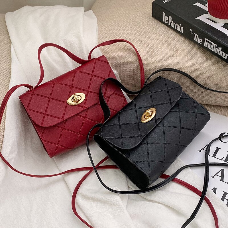【ALLGOOD】Solid Color Versatile Satchel Ringer Stripes Square Women Small Handbag Fashion Round Lock Tide Shoulder Bag. 