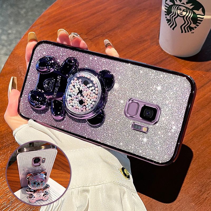 For Samsung Galaxy S9 / S9 Plus Back Cover with 3D Bear Hidden Stand Bracket Luxury 6D Gradient Shiny Plating Glitter Women Phone Case Clear Soft Silicone Protective Cases Pouch Girls. 