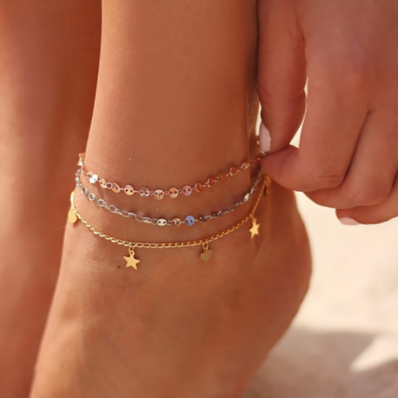 Retro Multi-layer Star Pendant Sheet Chain Anklet Statement Footwear Leg Bracelets Female Bridal Jewelry A027-1