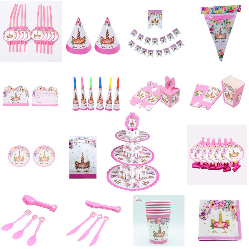Girl Birthday Party Pink Unicorn Paper Plate Cup Napkin Disposable Tableware Sets Baby Shower 1st First Birthday Party Supplies. 
