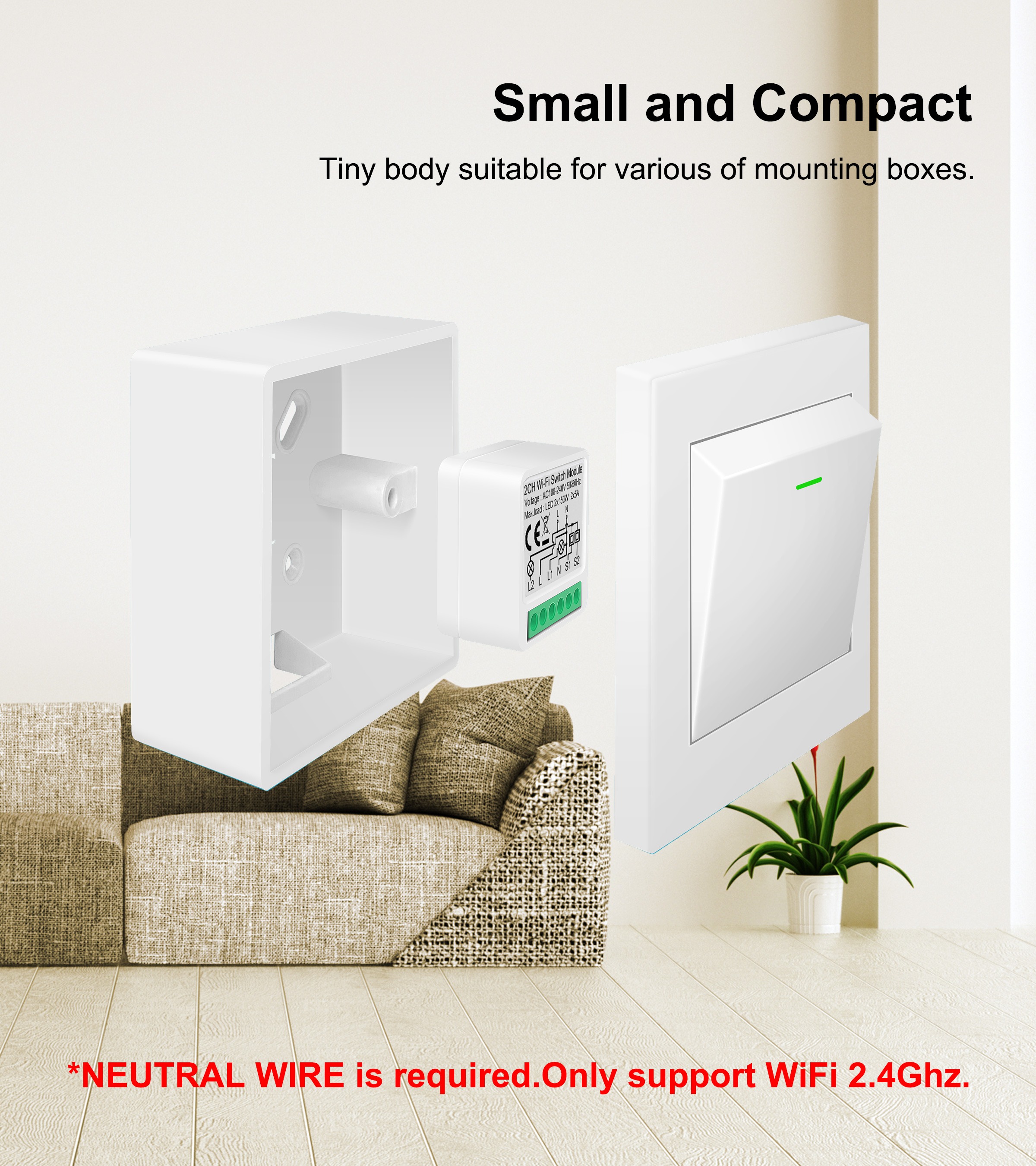 Mini Tuya Wifi Smart Light Switch 2/3/4 gang/Ch Module Supports 2 Way Control, App Remote Control DIY Breaker 100-240V, Work with Alexa Google Home. 