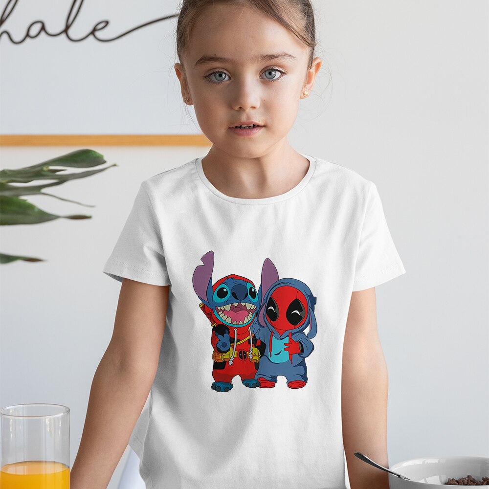 Disney Creativity Kids Print T-Shirts Deadpool Stitch Cartoon Hot Y2K Exquisite 3-12T Size Child T Shirts Girls Clothes Trendy