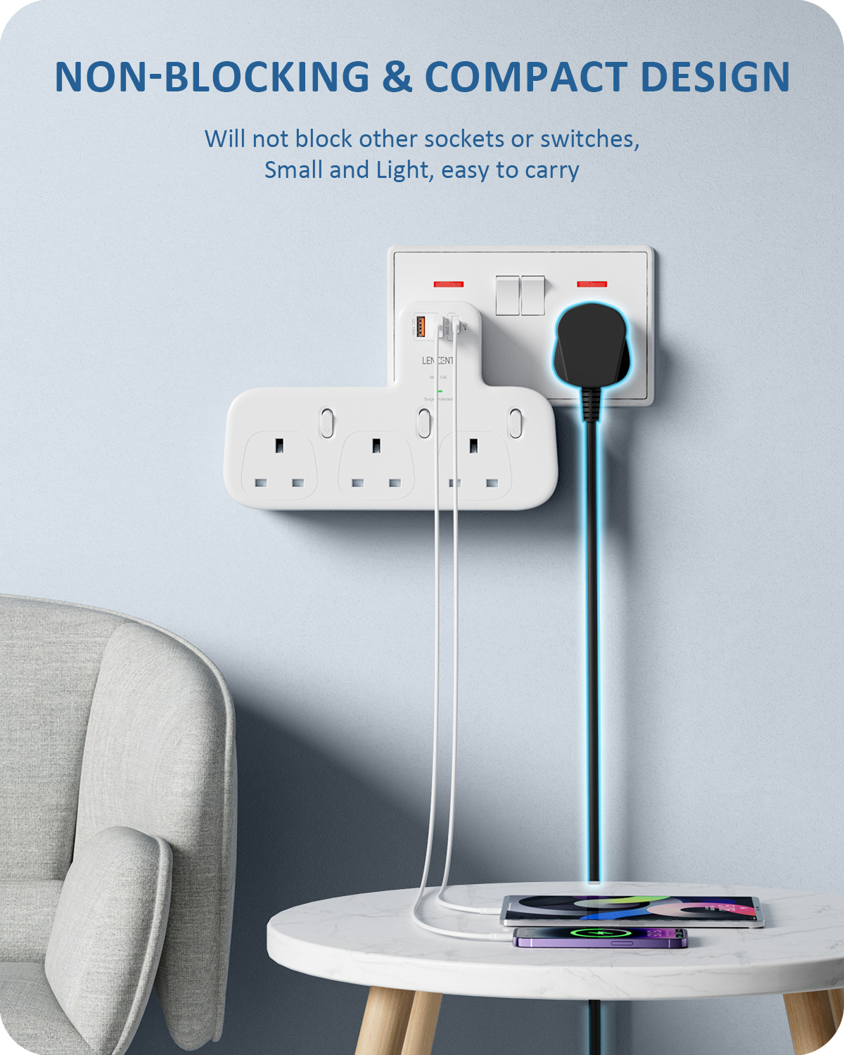 LENCENT Surge Protected 3 Way Plug Extension with PD 20W USB-C & 2 USB-A QC 3.0, Multi Plug Adaptor UK with Individual Switches, Plug Extender Wall Socket for Surge Protection 13A 3250W Surge Protector. 