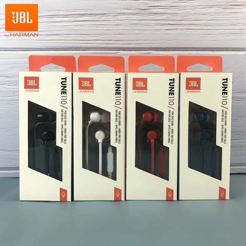JBL T110 3.5mm Wired Earphones Stereo Music Deep Bass Earbuds TUNE110 Headset Sport Earphone In-line Control Hands-free With Mic. 