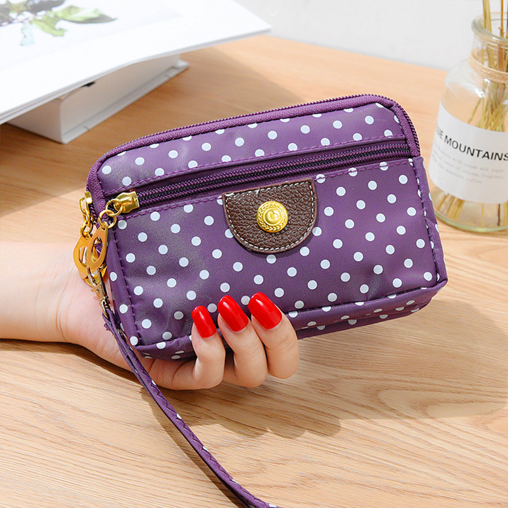 Yfashion women canvas handbag 3 layers zipper dot printing wallet color mobile phone case. 