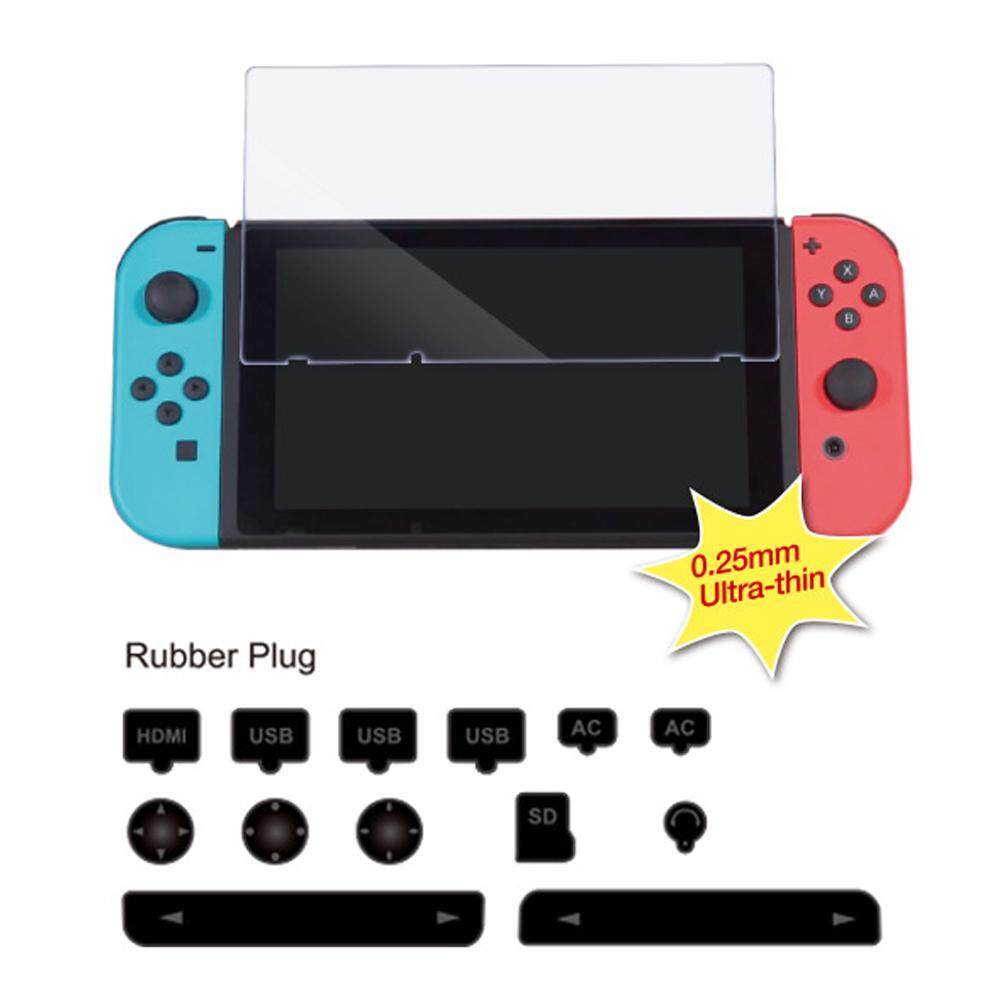 Soft Silicone Plug Dust Proof Kit Set with Tempered Glass Screen Protector for Nintendo Switch. 