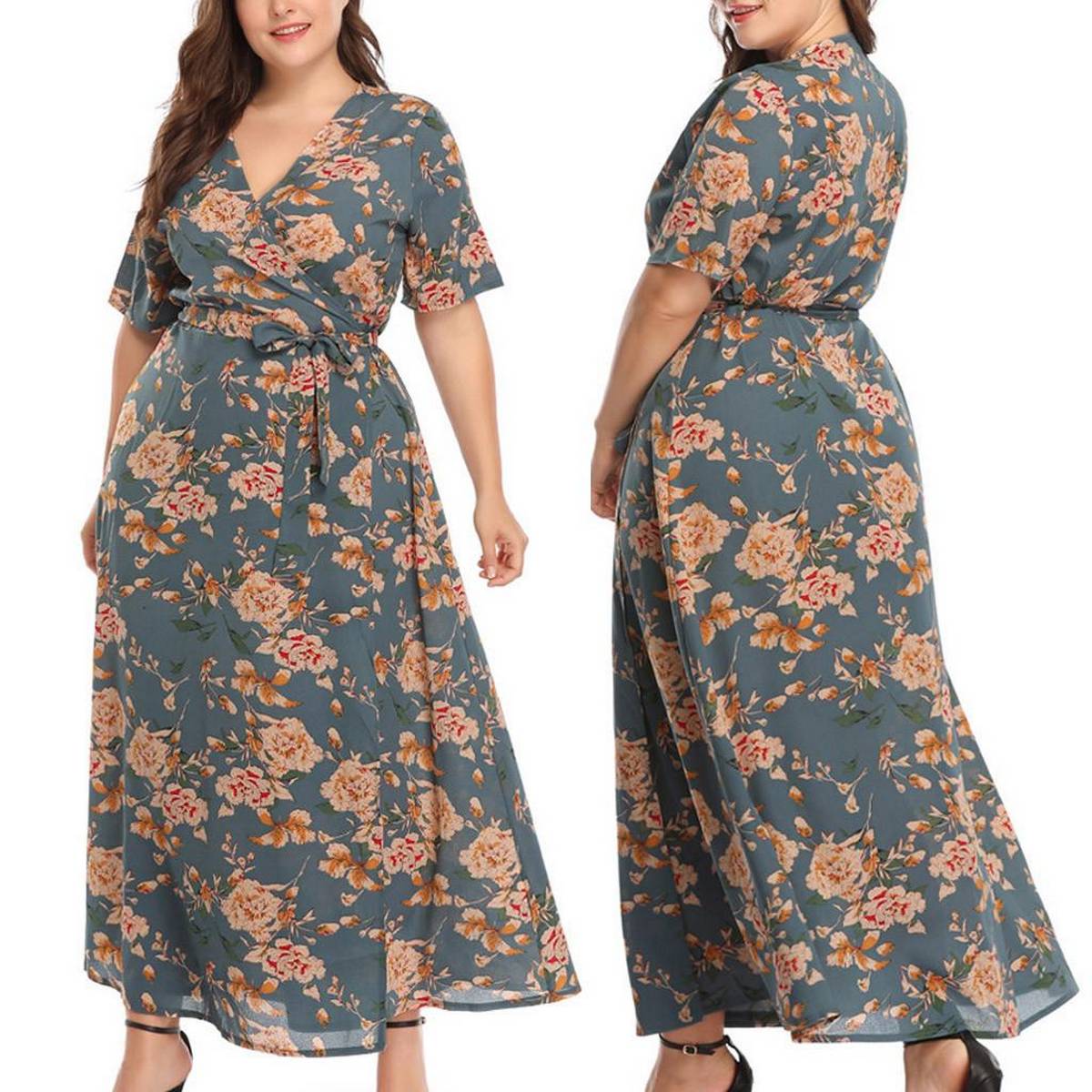 Plus Size Fashion Women Floral Printed Short Sleeve V Neck Bandage Long Dress Daraz.lk