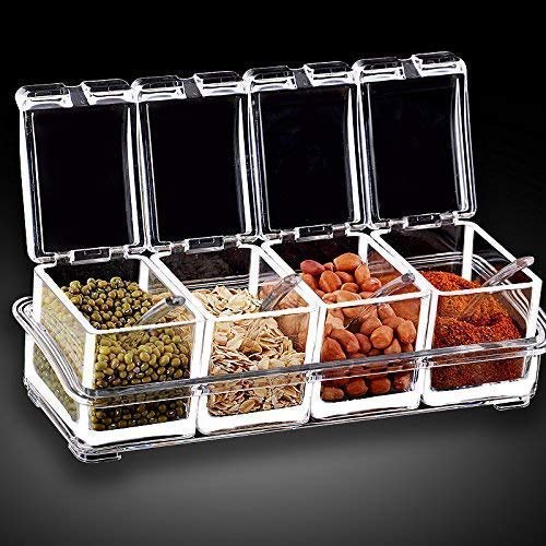 Transparent Crystal Condiments Organizers Seasoning Box Condiments 4 Spice Crystal Seasoning Box with FREE Spoons. 