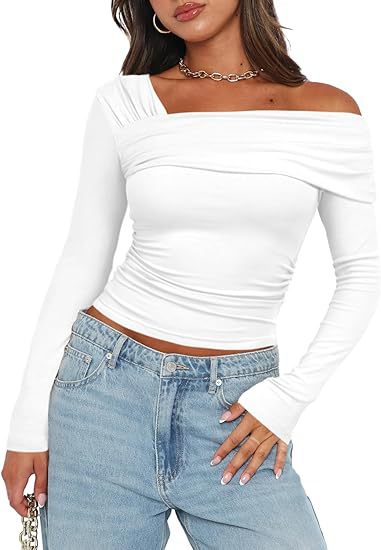 Yfashion Women's Casual Tops One Off Shoulder Long Sleeve Top Ruched Slim Fit Shirt Crop Top Fashion Trendy Tee Shirt. 